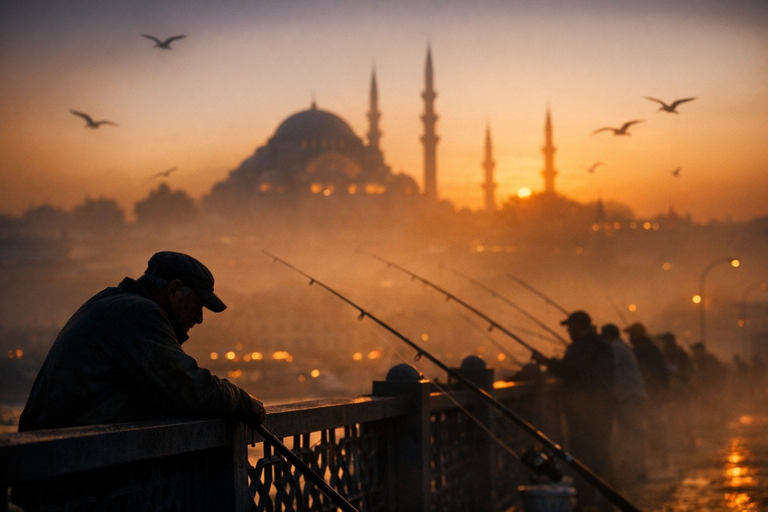 A cinematic silhouette shot of local fishermen lining the Galata Bridge in Istanbul durin...