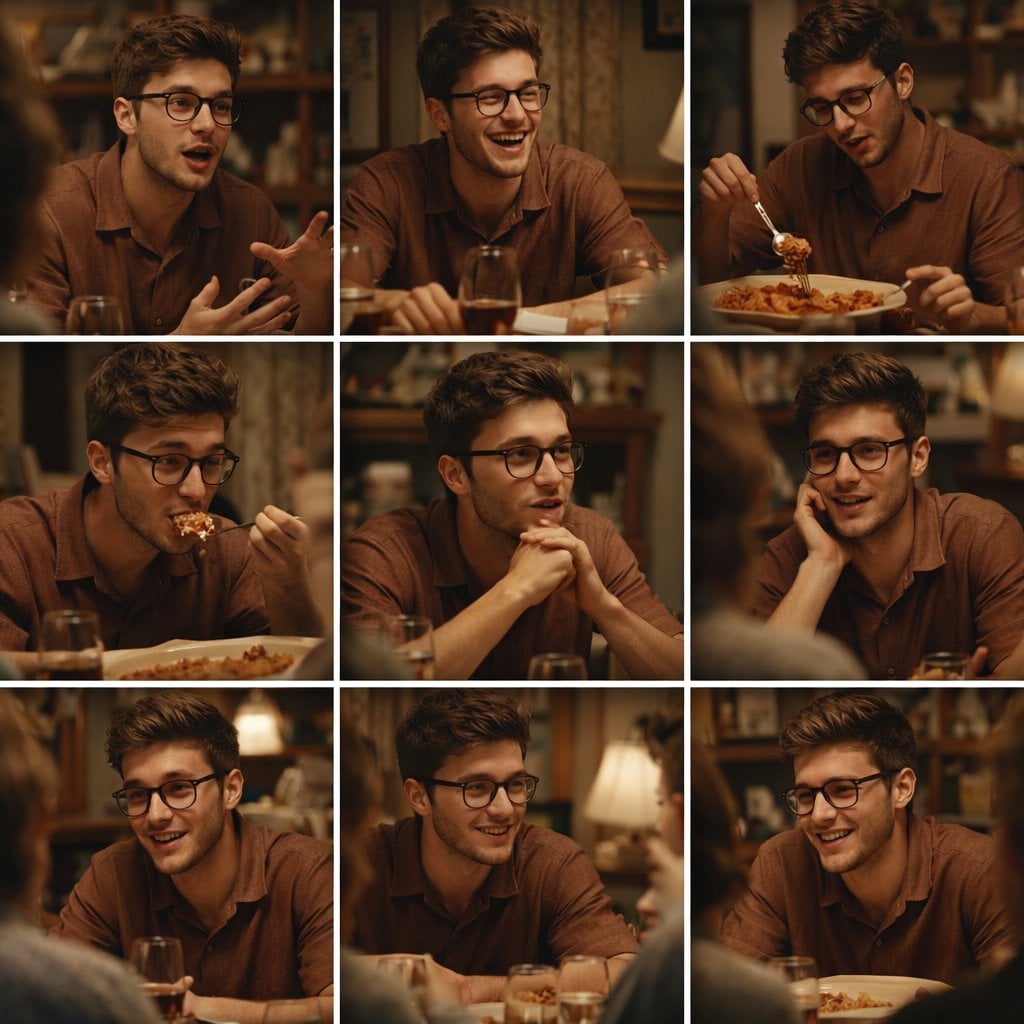 A 3x3 grid storyboard contact sheet comprised of nine candid, cinematic movie stills show...
