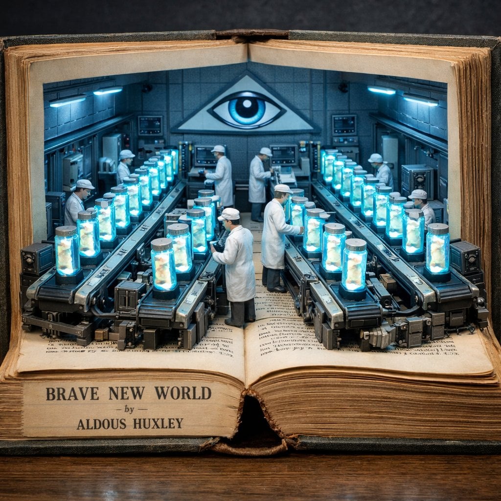 Surreal diorama emerging from an open vintage book of "Brave New World" by Aldous Huxley:...