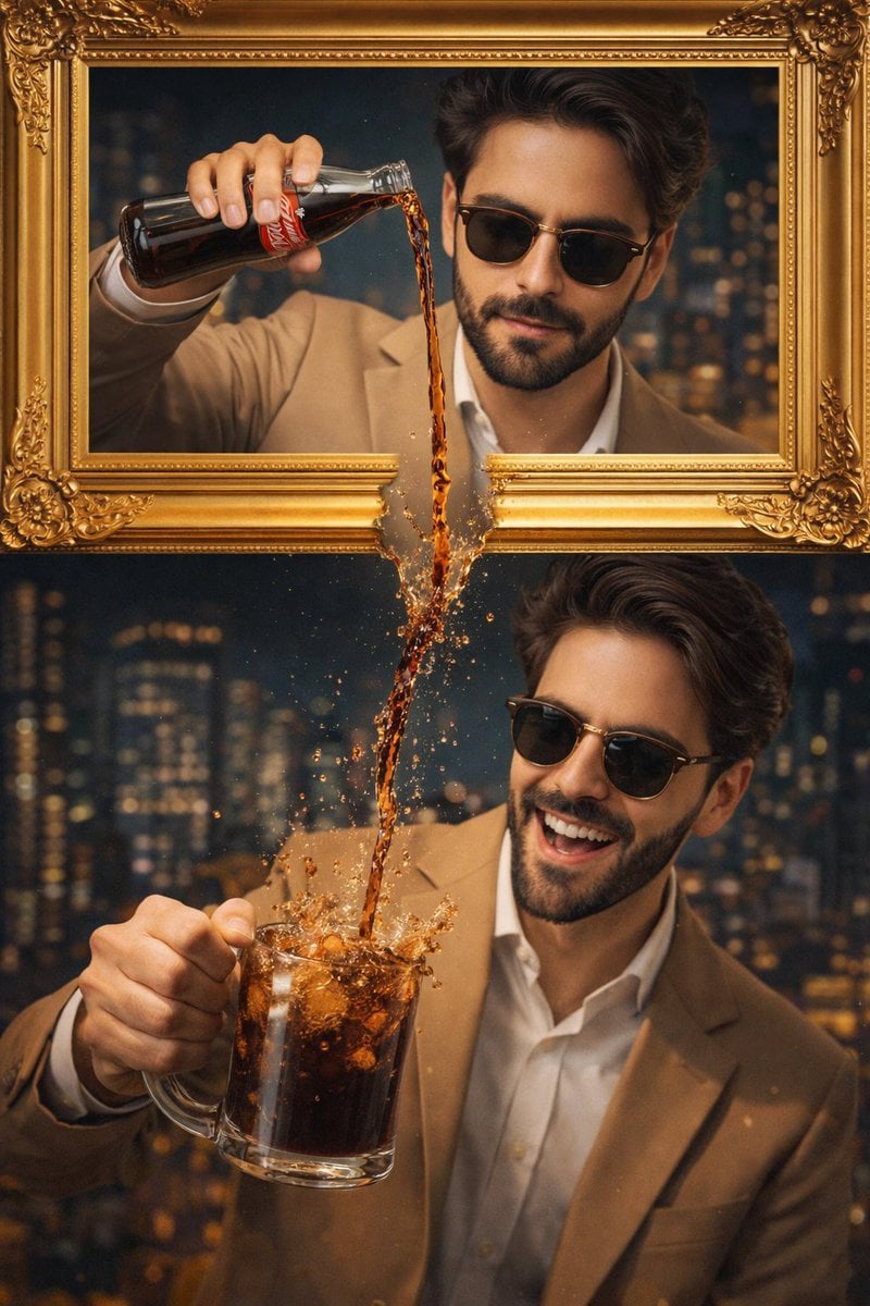 A stylish man wearing a tan suit and sunglasses is featured in a creative split image, fr...