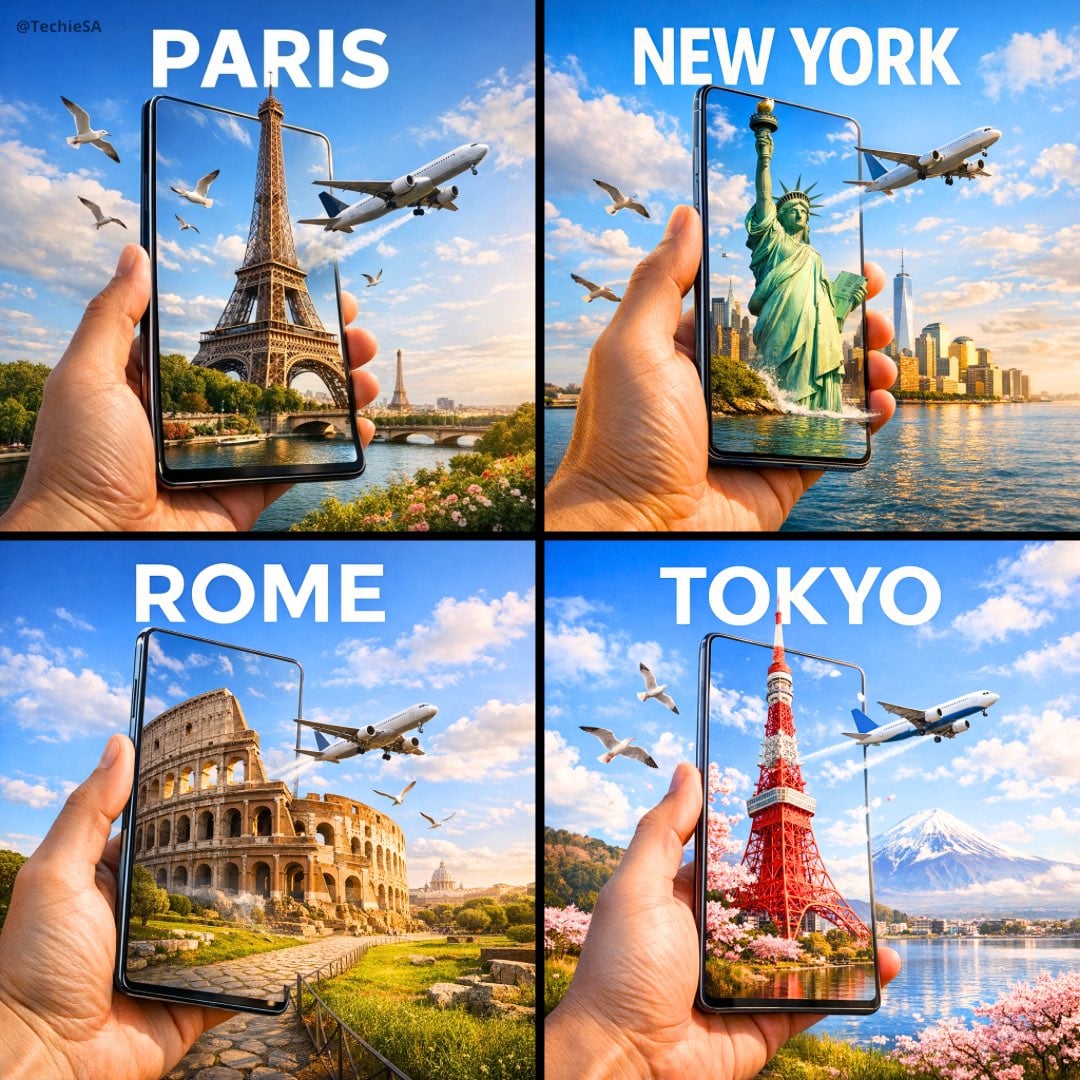 A hyper-realistic travel advertisement in square format (1080x1080), featuring a hand hol...