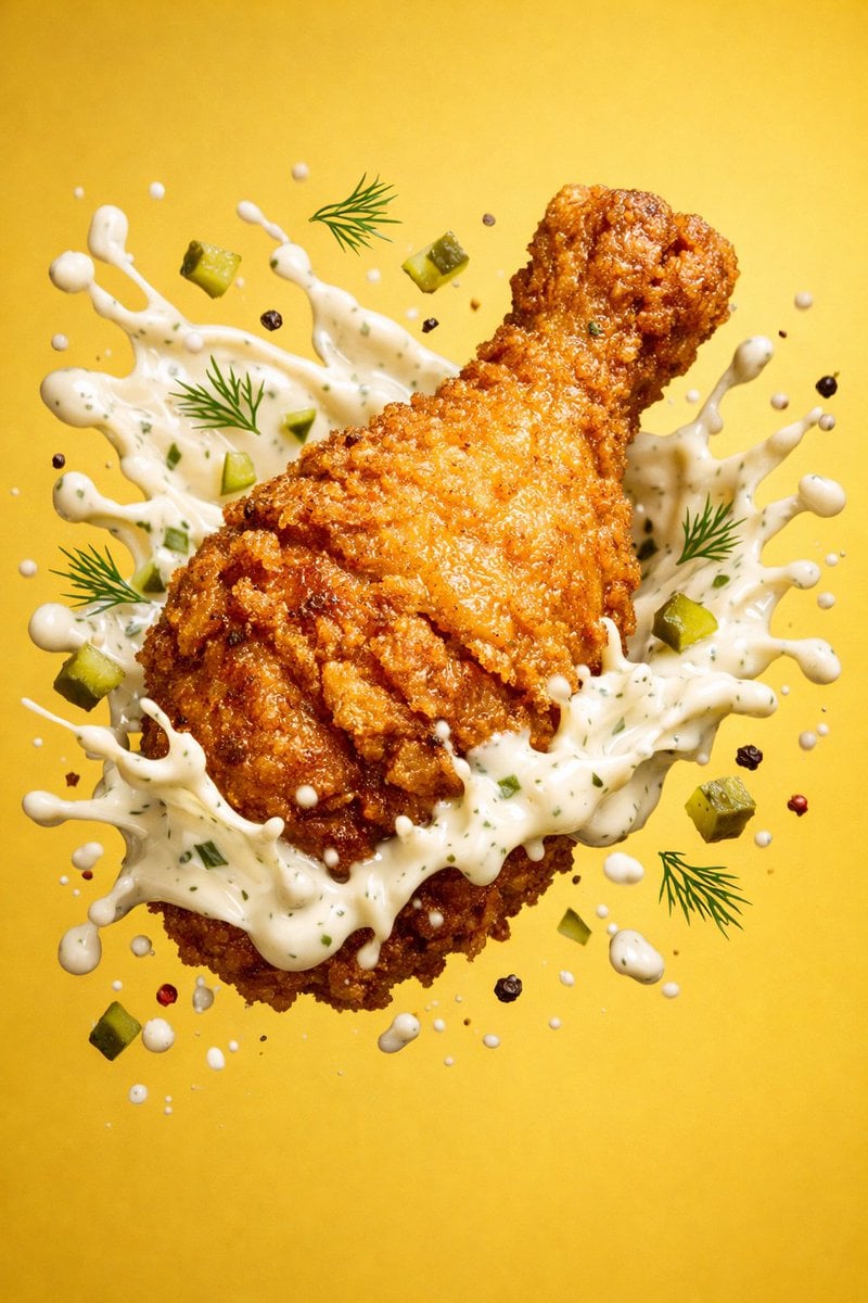 Epic 8K cinematic fantasy food scene: a colossal crispy fried chicken leg rising like a l...