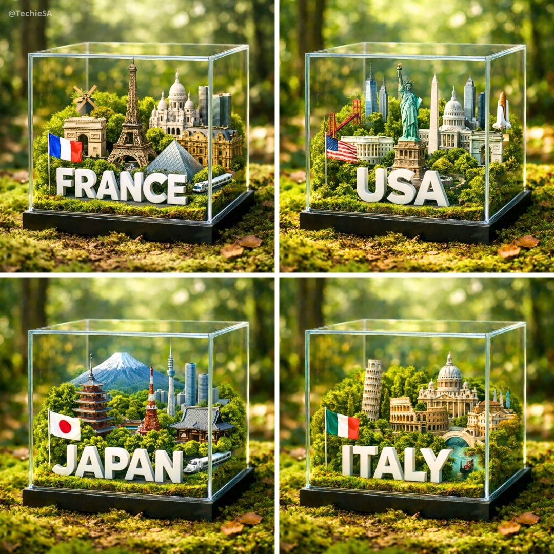 A hyper-realistic 1080x1080 photograph of a glass cube diorama placed on a lush, mossy fo...