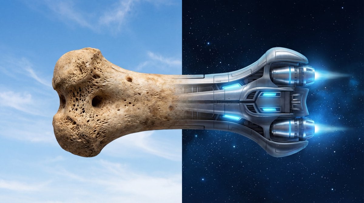 A photorealistic image, split down the middle. On the left side, a small, detailed bone t...