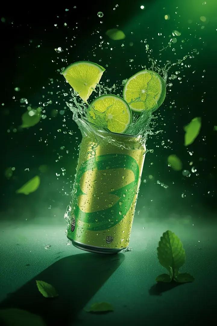 - Ultra-cinematic beverage advertising shot of a sparkling lime soda can, captured from a...