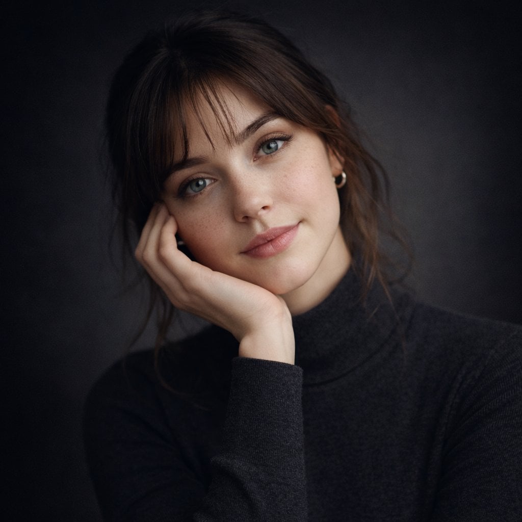 Ultra-realistic studio portrait of a young woman, front-facing, centered composition, sym...
