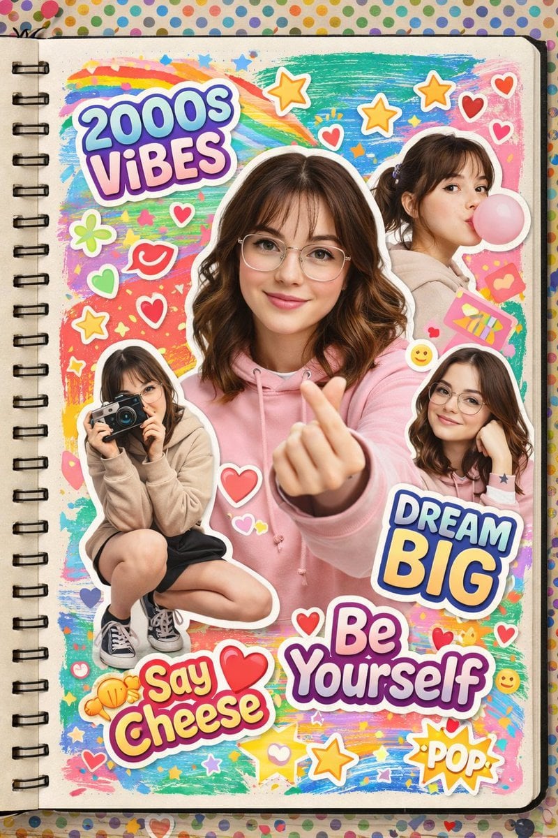 A vibrant 2000s scrapbook-style collage featuring the same young woman in multiple cutout...