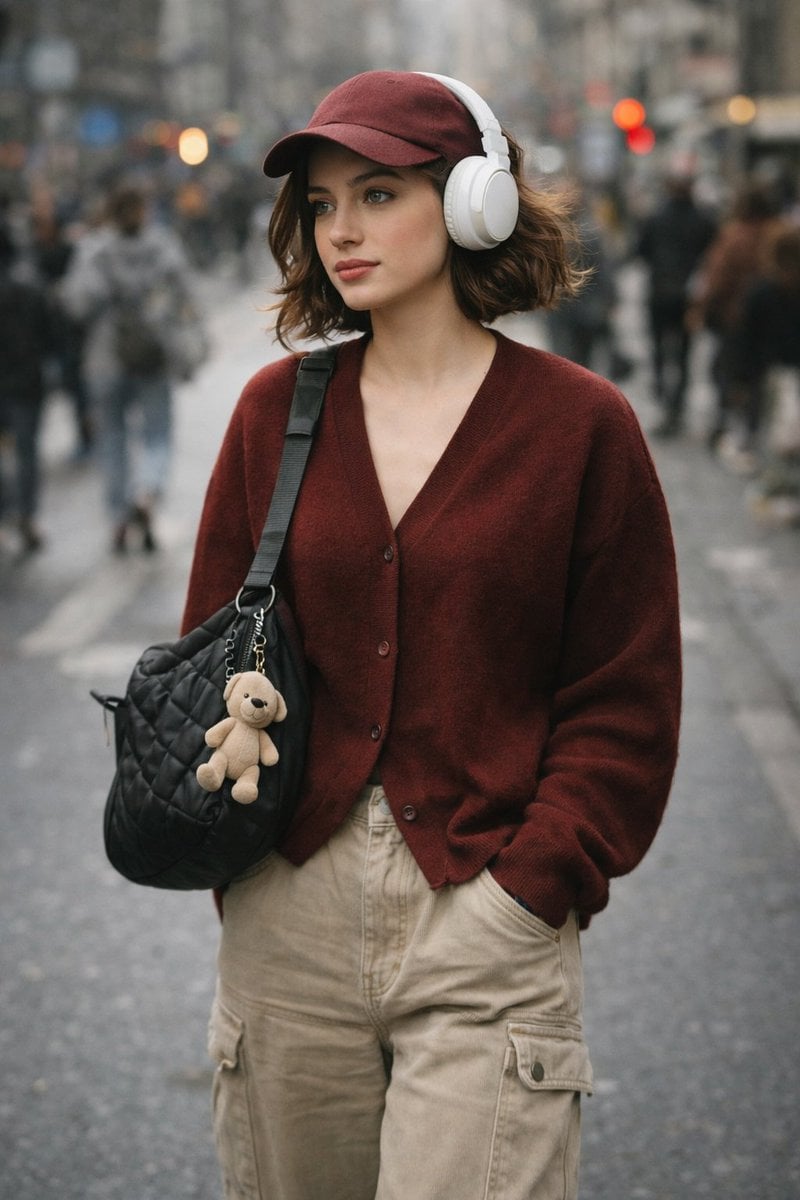 A high-quality, candid street photography shot of a stylish young woman with short wavy b...