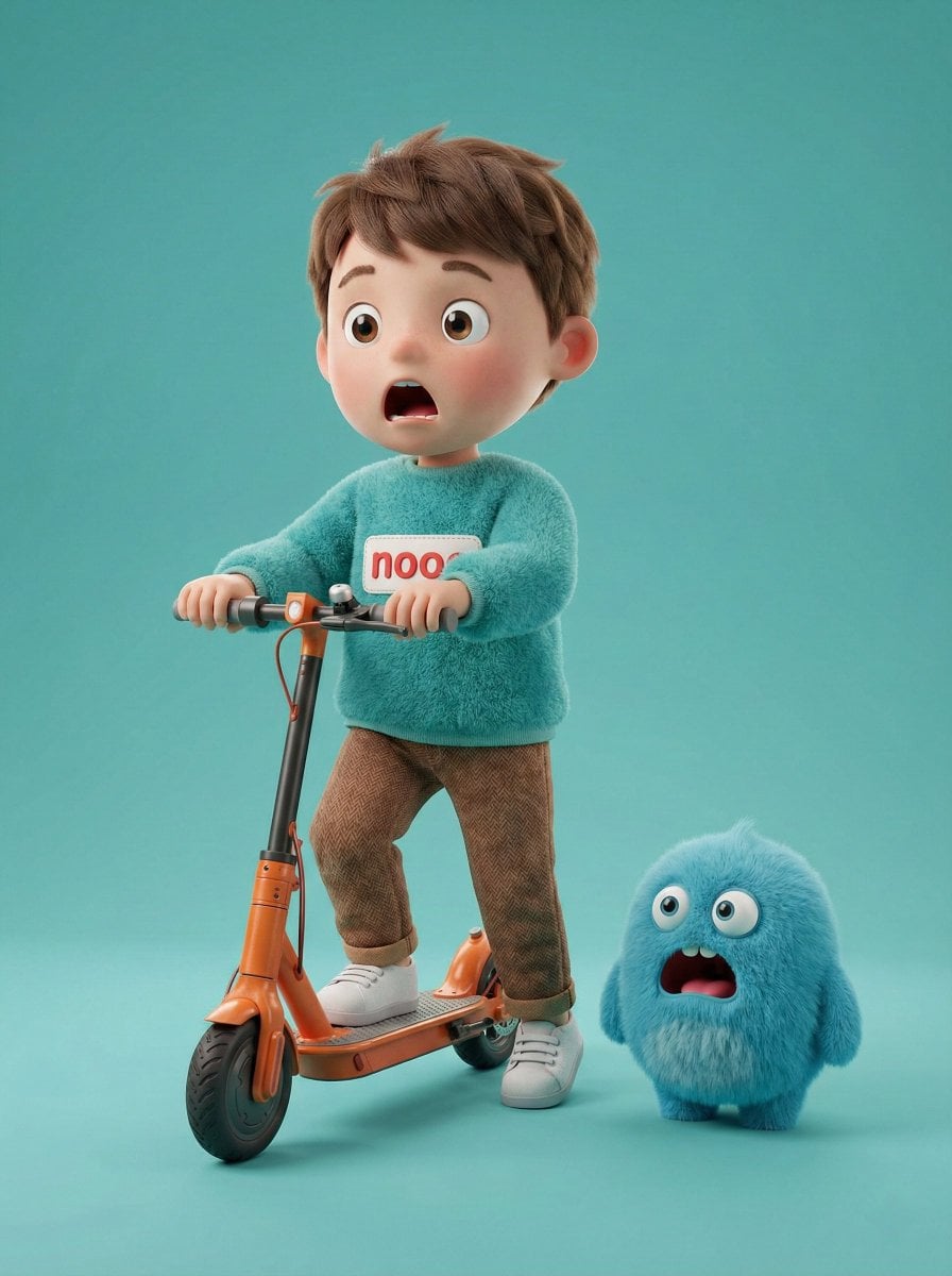 A high-quality 3D render of a cute young boy riding an orange electric scooter next to a ...