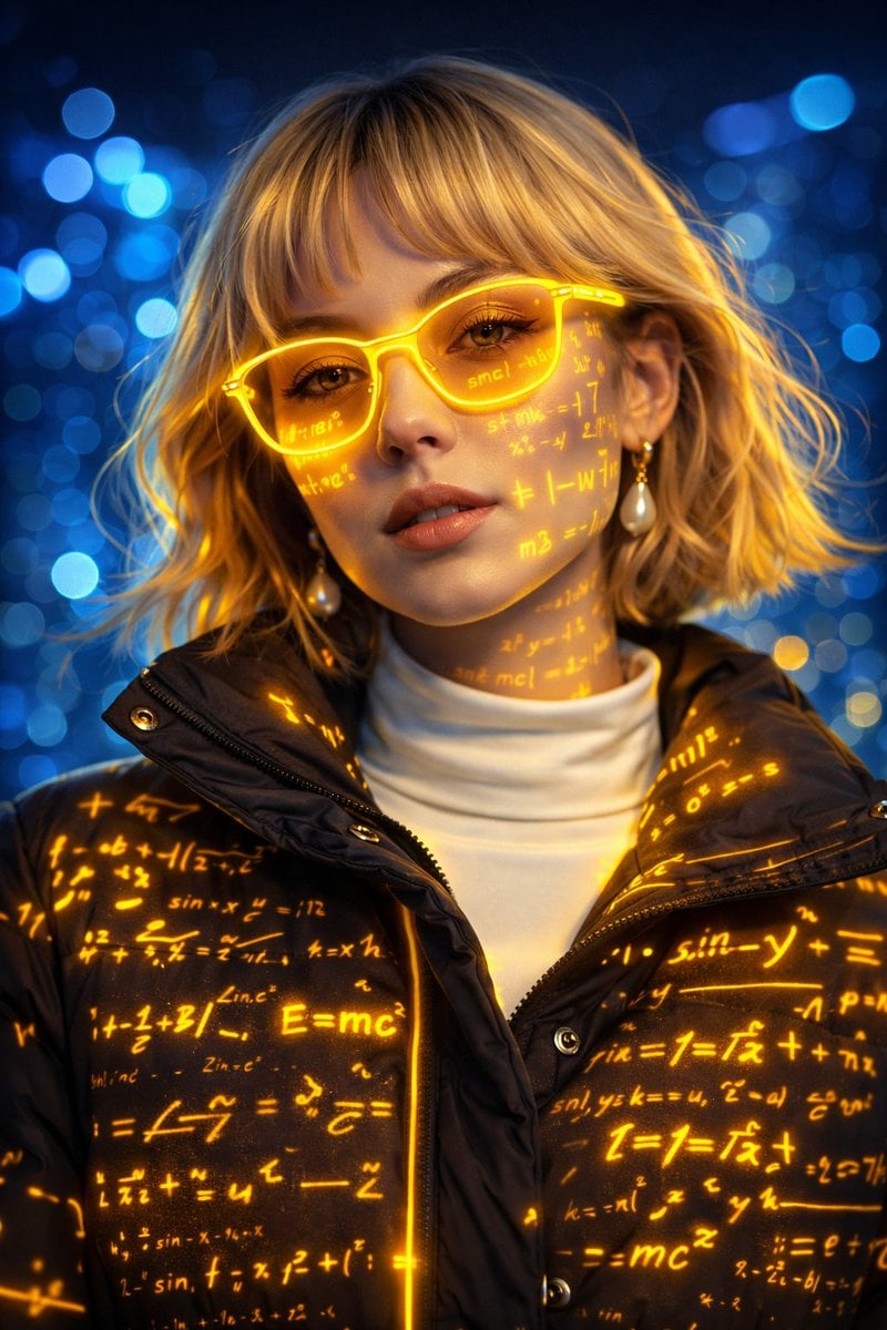 A futuristic cyber-aesthetic portrait of a young woman wearing glowing neon-yellow glasse...