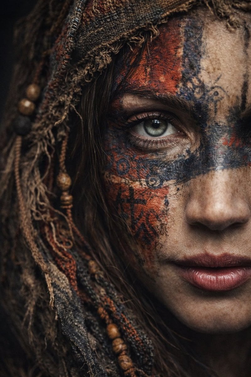 A dramatic ultra-realistic portrait of a woman shown in extreme close-up, only half of he...