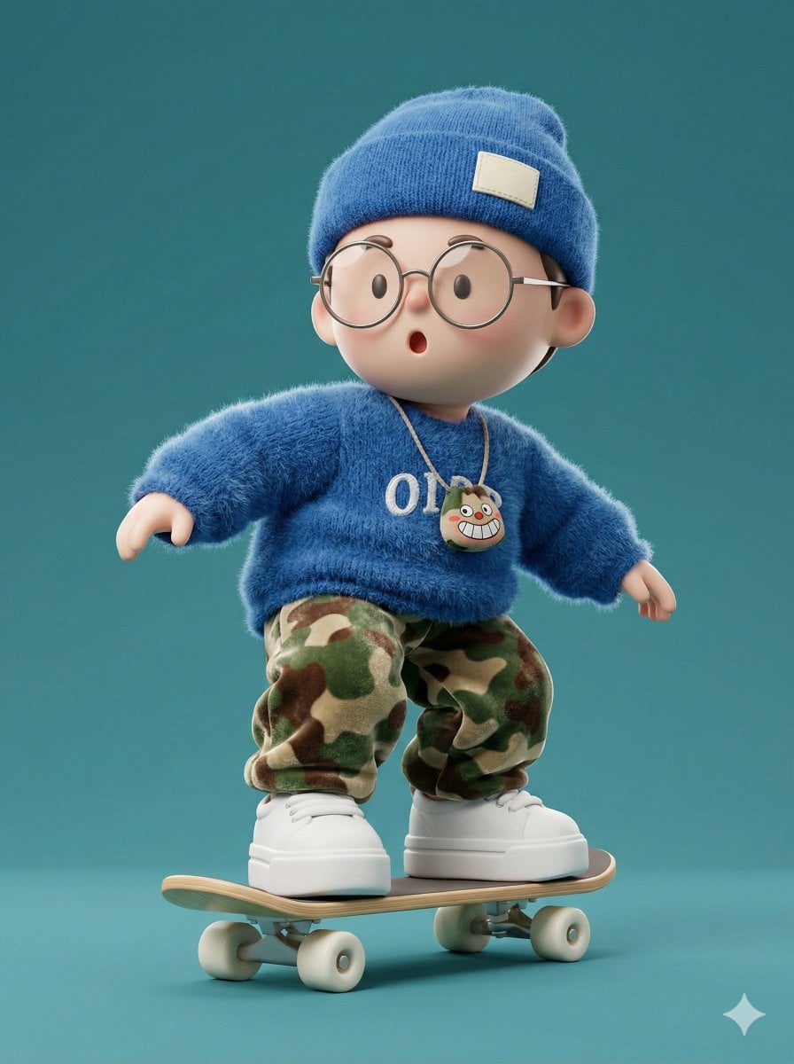 A high-fidelity 3D character render of a cute, stylized boy skateboarding in a dynamic po...