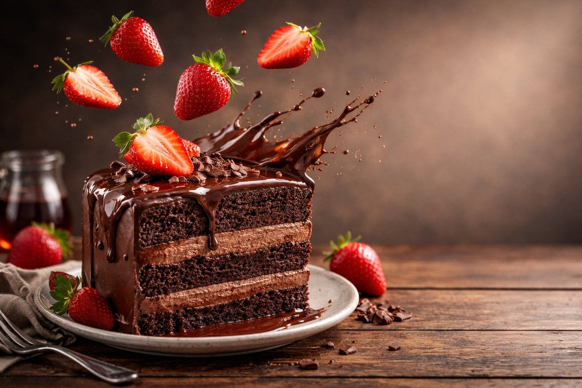 Advertising-style food photography of a stack of pancakes arranged on a rustic table, wit...