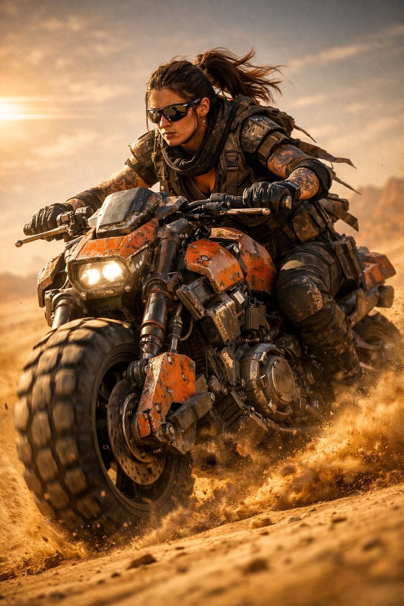 Use the uploaded picture to create a cinematic sci-fi scene of a fierce futuristic biker ...