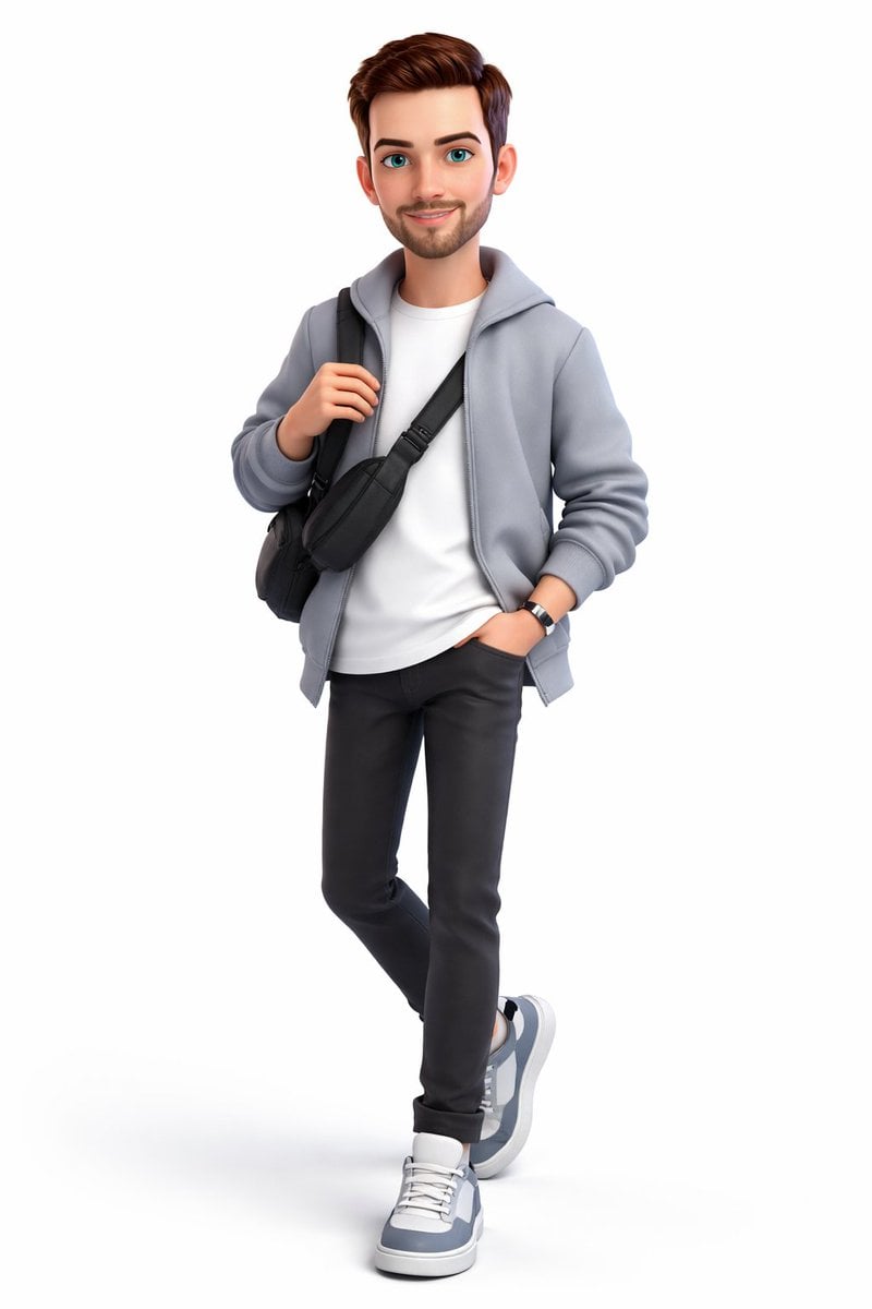 A full-body 3D stylized cartoon boy, Pixar/Disney-inspired character design, cute and mod...