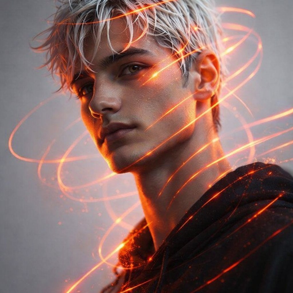 Portrait of a 21-year-old man of appearance with masculine facial features and white hair...