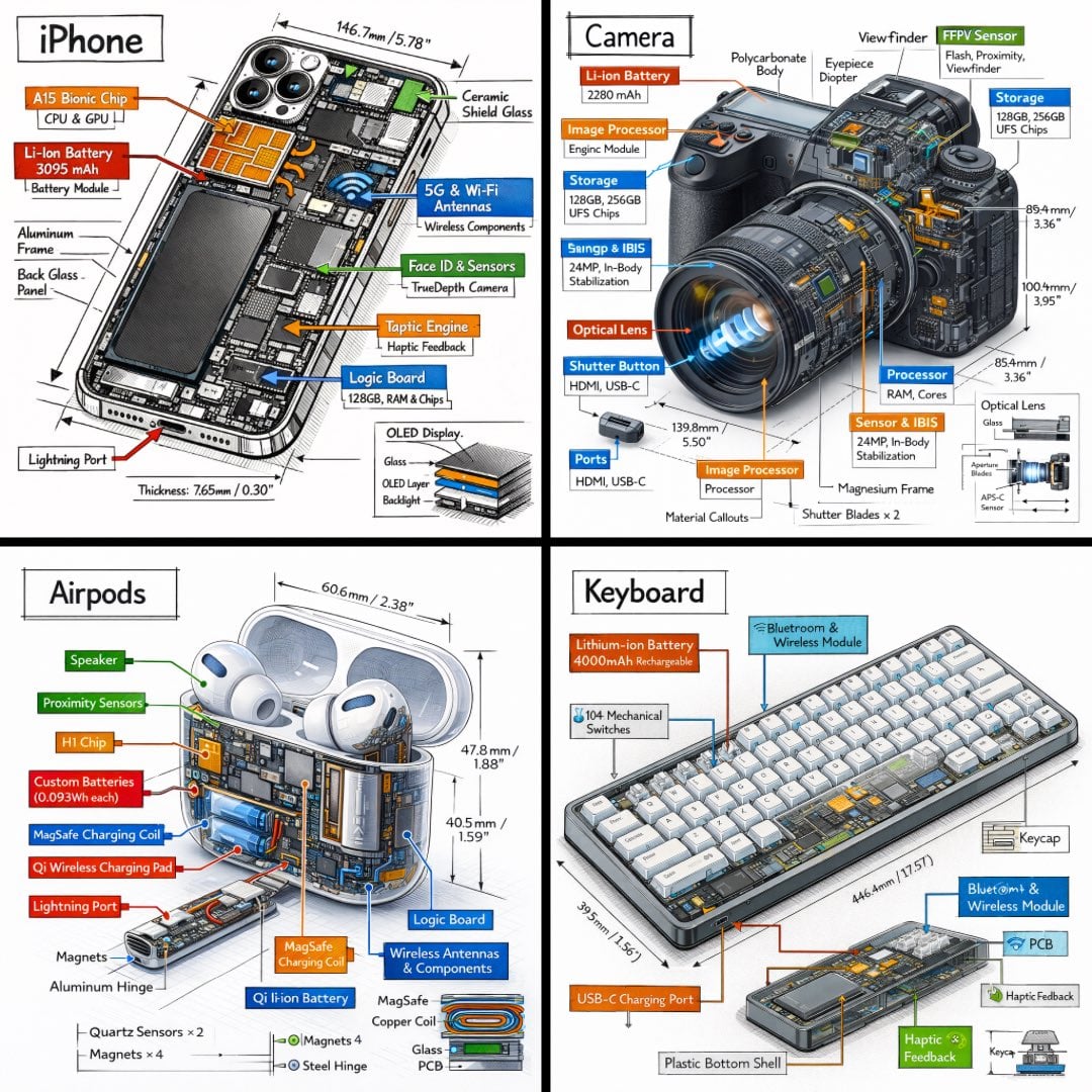 Create a technical infographic of [OBJECT] with a 45-degree isometric 3D perspective show...