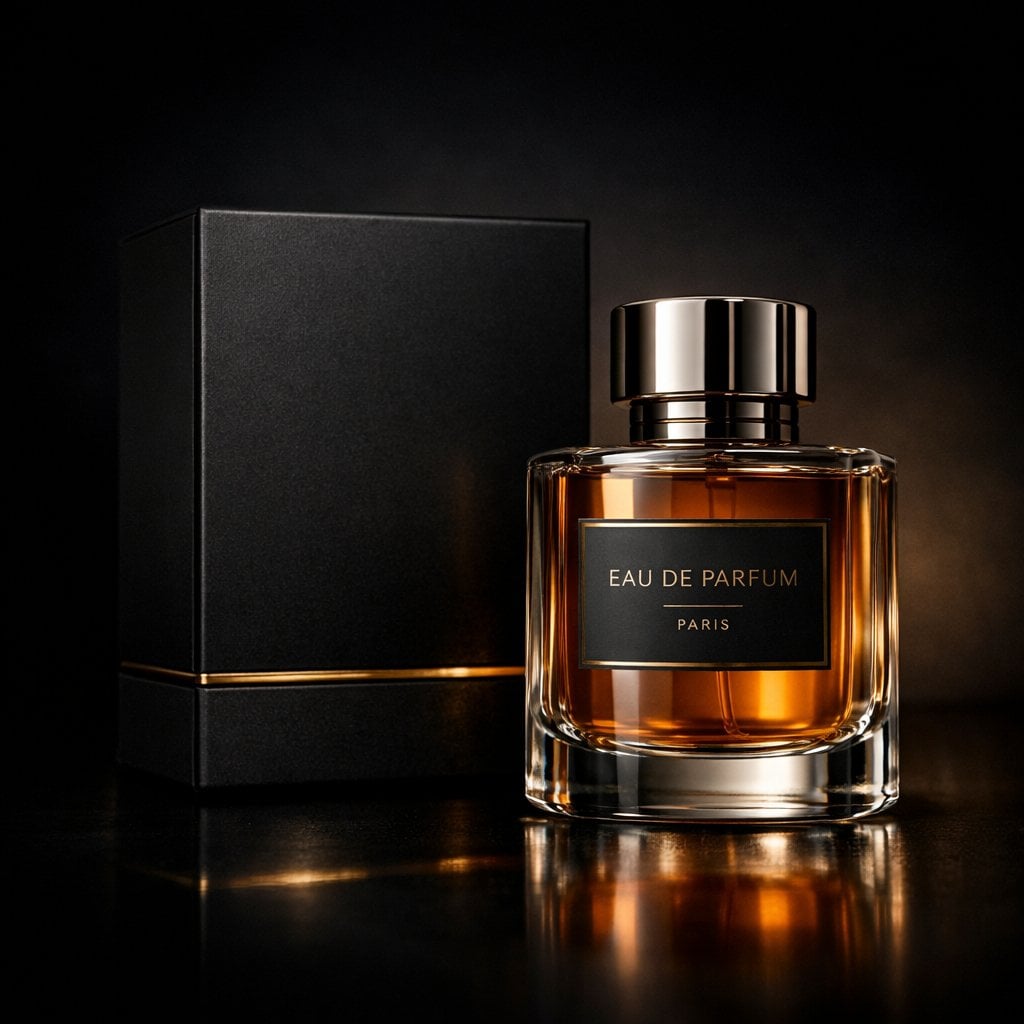 Luxury perfume product photography in a dark cinematic studio. A premium black matte perf...
