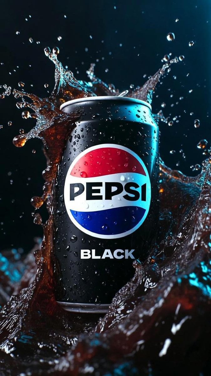 Hyper-realistic cinematic product photograph of a Pepsi Black can, front-facing and perfe...