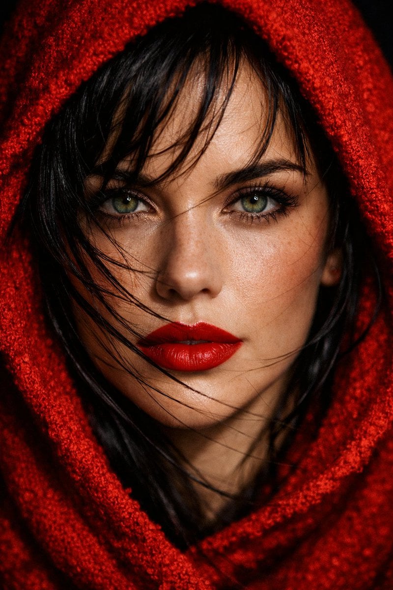 Extreme close-up portrait of a woman with piercing green eyes and bold, matte red lips, h...