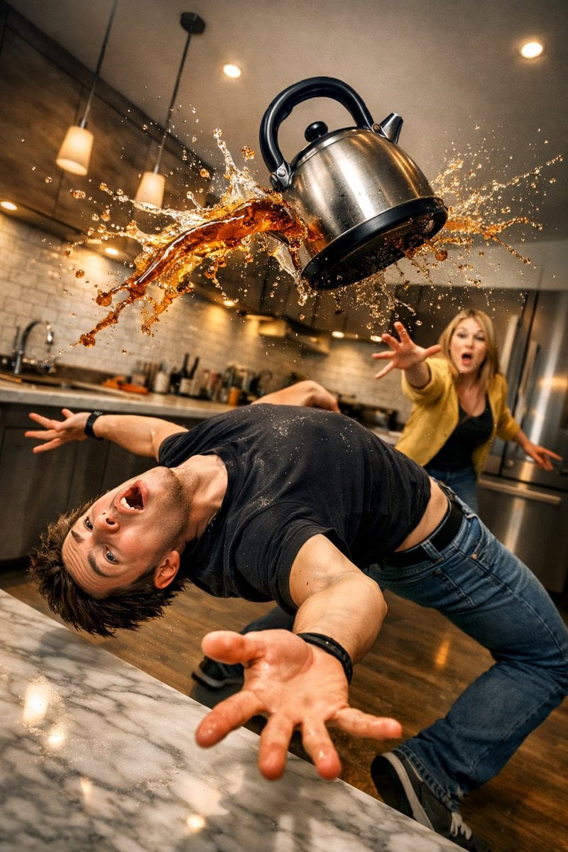 Surreal comedic scene inside a modern kitchen: a young man bends backward in an extreme d...