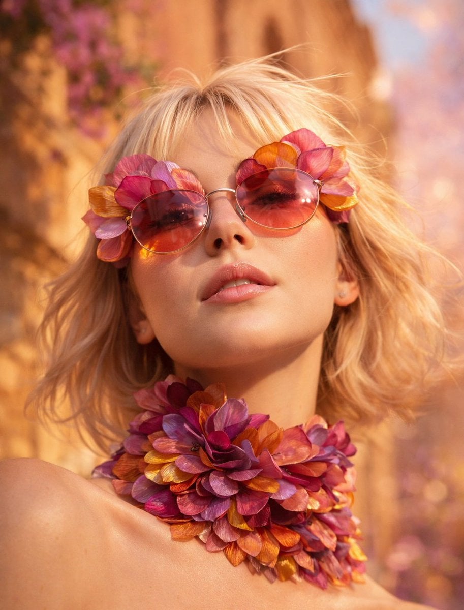 Low-angle close-up portrait of a platinum blonde woman wearing oversized sculptural sungl...