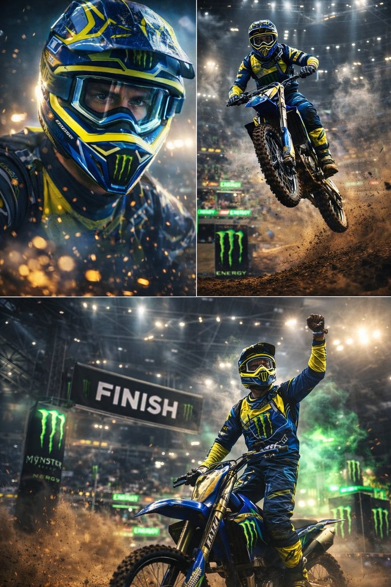 Ultra-dynamic motocross racing scene featuring a professional dirt bike rider performing ...