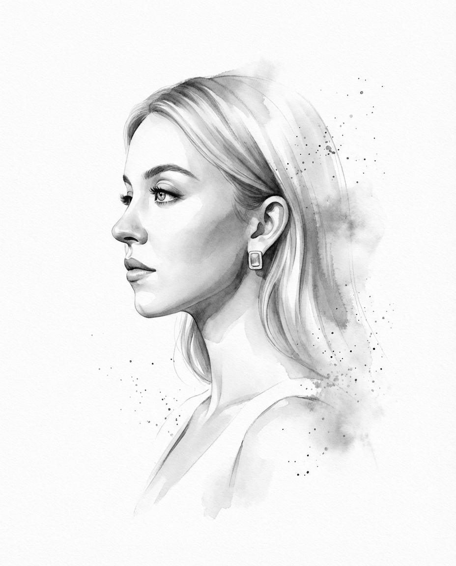 Transform the input photo into a refined monochromatic ink portrait on a pure white backg...