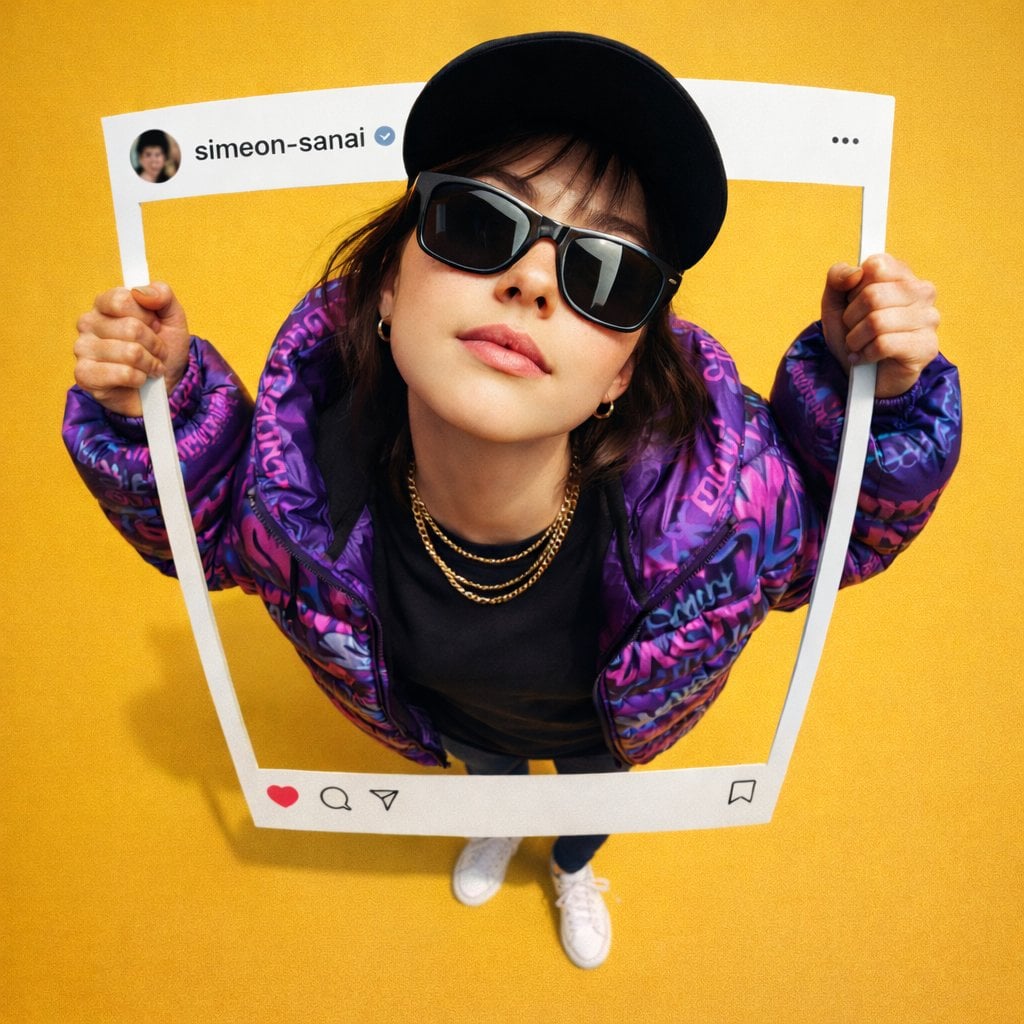 Create an Ultra-realistic photo composite of uploaded person breaking out of an Instagram...