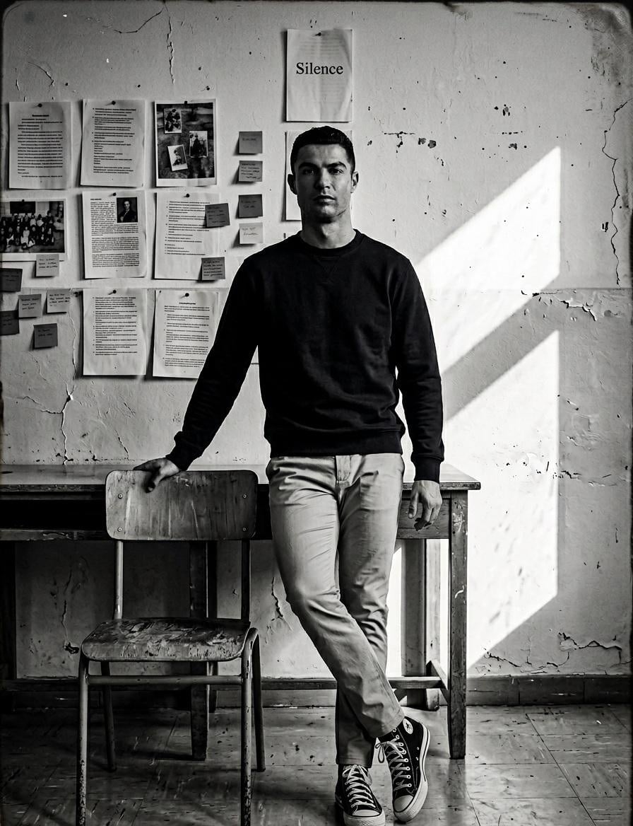Create a high-contrast black and white portrait in a quiet classroom.Use uploaded image a...