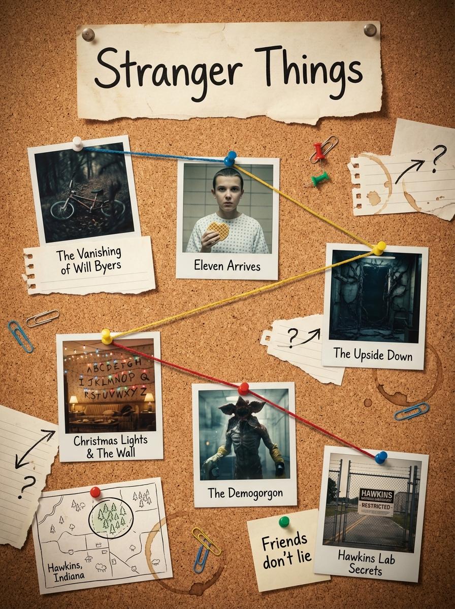 Generates a clean, cinematic 1080×1080 corkboard layout that visually summarizes the stor...