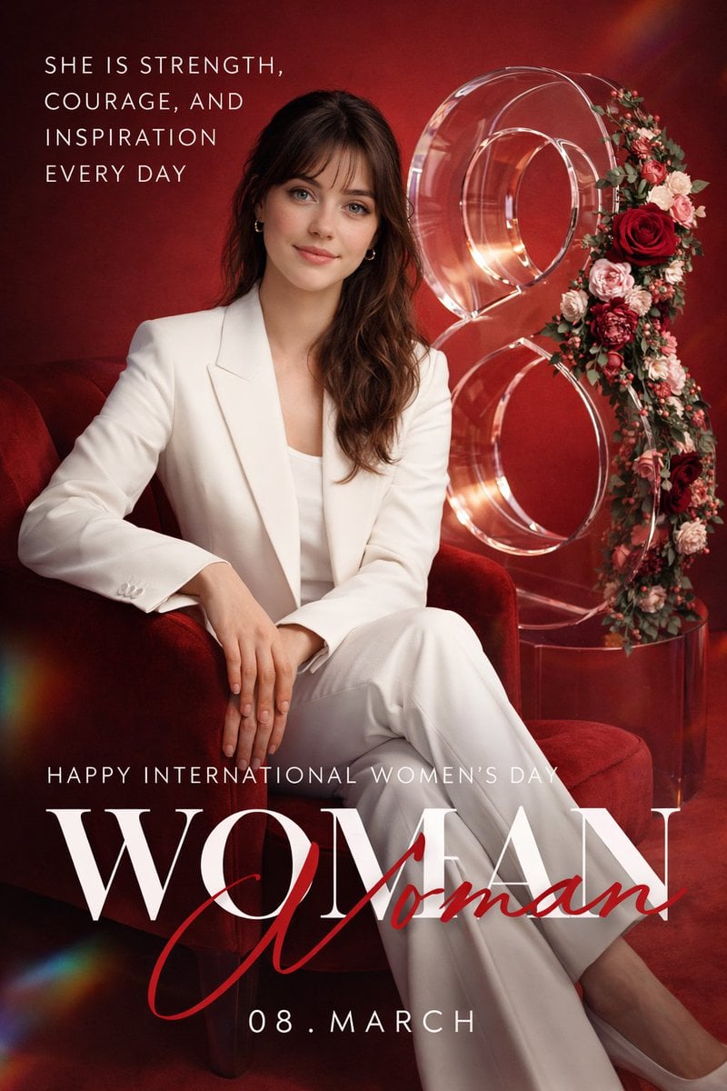 Create a high-end promotional poster for International Women's Day, designed as a luxury ...