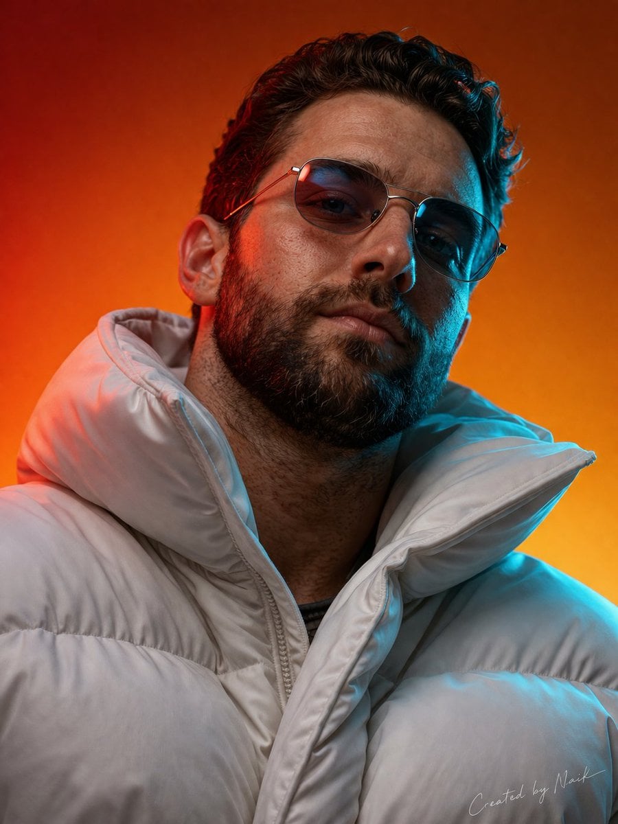 Create an ultra-photorealistic cinematic portrait of a man viewed from a slightly low ang...