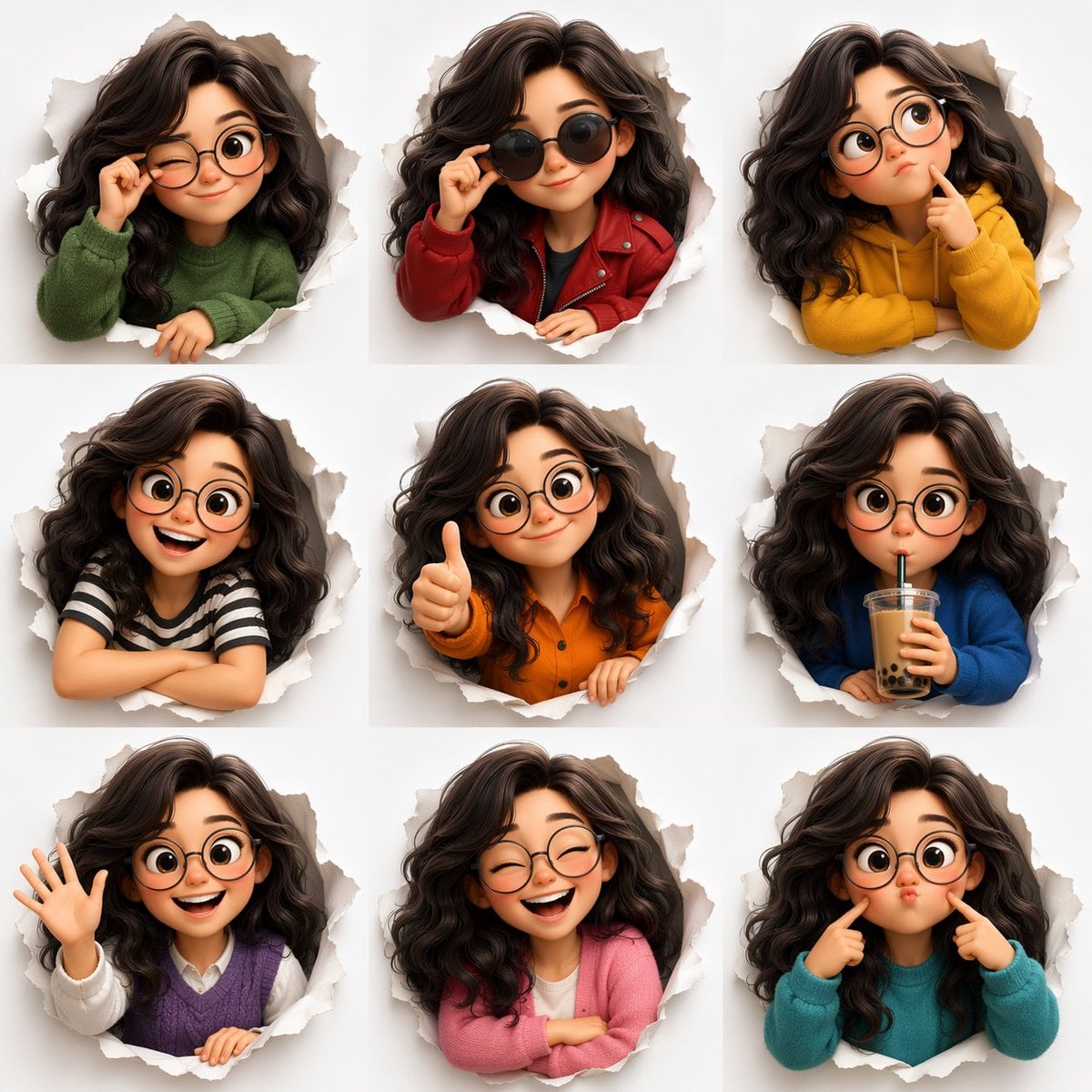 3D Pixar-style expression sheet, cute stylized avatar with wavy dark hair and round glass...