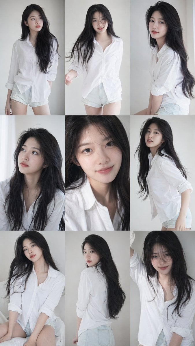 9:16 vertical — a 3x3 grid collage (nine images) forming a Korean idol portrait photoshoo...