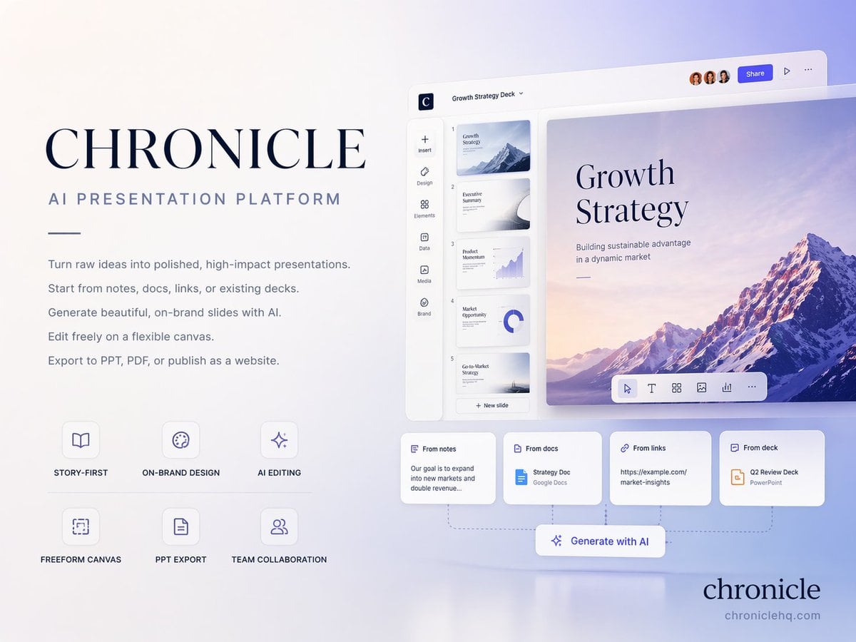 Create a premium 4:3 presentation cover slide introducing Chronicle, the AI-native presen...