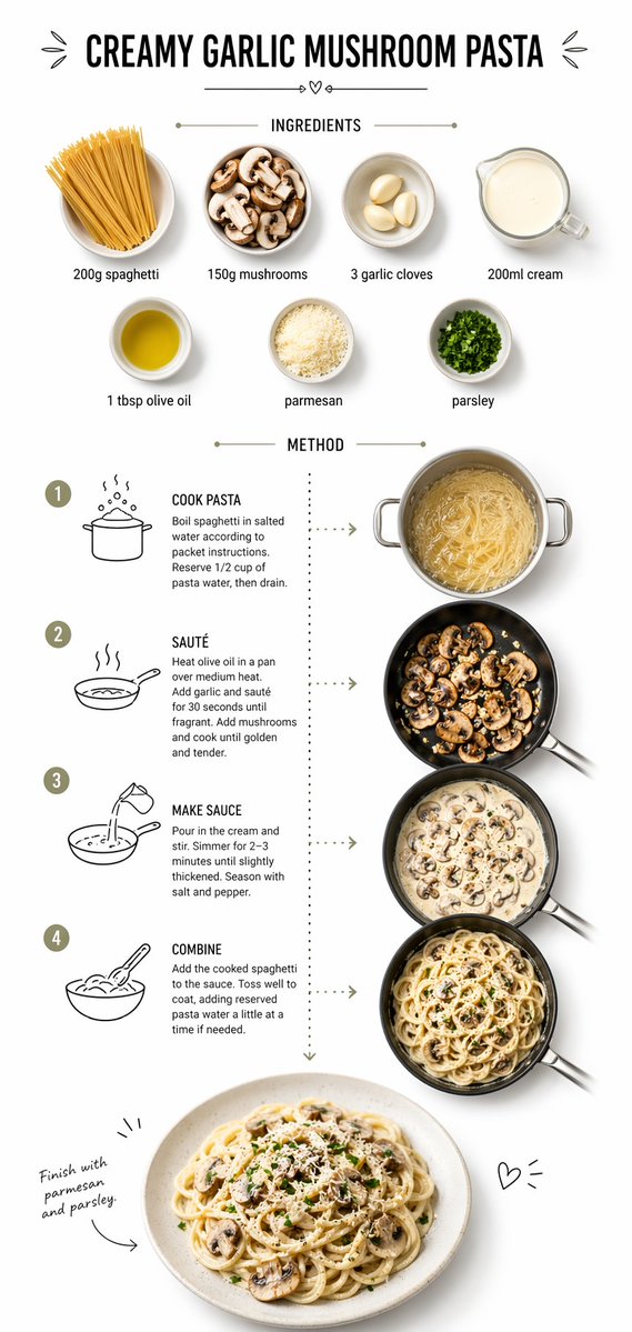 Create step-by-step recipe infographic for creamy garlic mushroom pasta, top-down view, m...