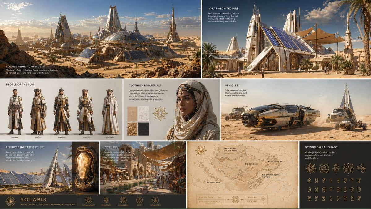 Create a complete visual worldbuilding set for a futuristic desert civilization powered b...