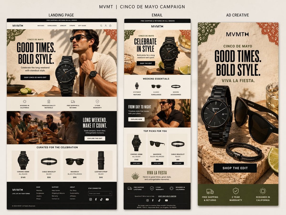 Create a premium presentation-style campaign board for MVMT’s Cinco de Mayo campaign on a...