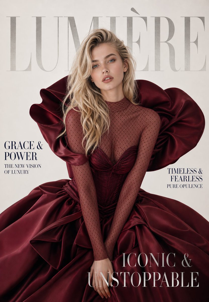 A luxury high-fashion magazine cover. Magazine name at the very top in massive elegant se...