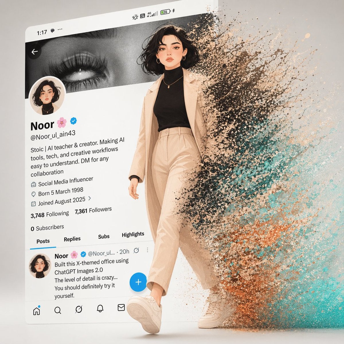 A cinematic digital artwork of a stylish animated girl walking out of a modern X (Twitter...