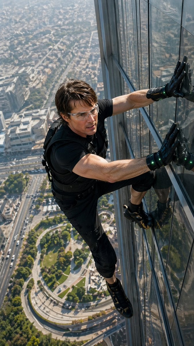 ultra-realistic IMAX-grade cinematic action shot, extreme high-angle perspective looking ...
