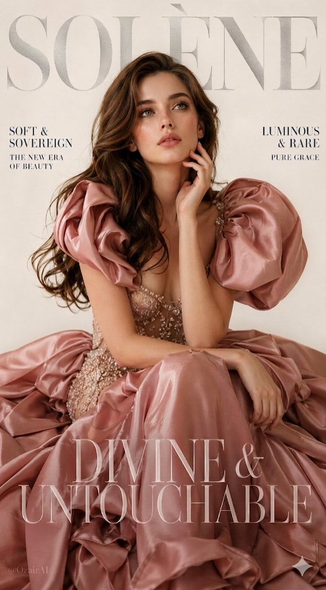 A breathtaking luxury fashion magazine cover. Large bold silver serif brand name "SOLÈNE"...
