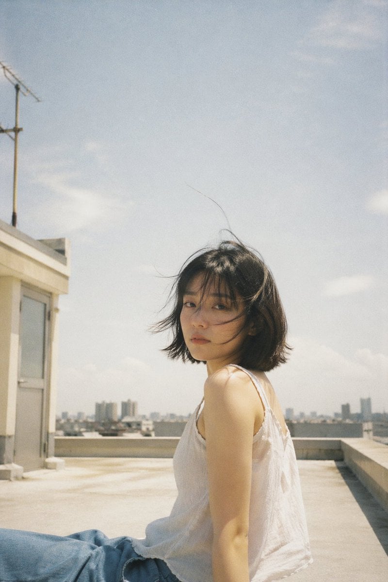 Japanese negative film aesthetic, rooftop summer scene, soft natural sunlight, slight ove...