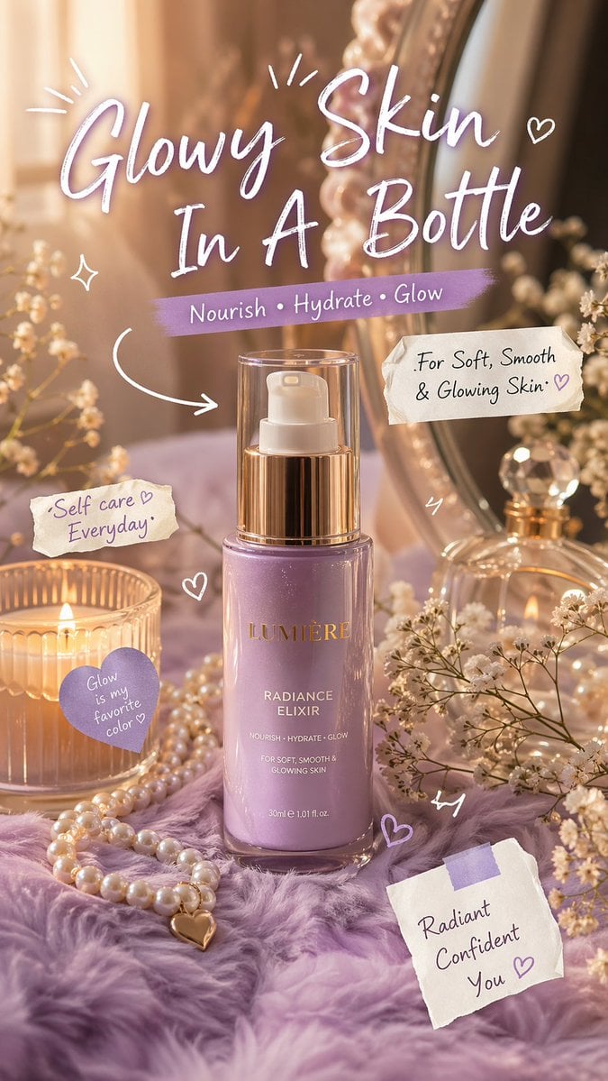 Luxury aesthetic skincare advertisement,soft pastel background, warm golden sunlight, dre...