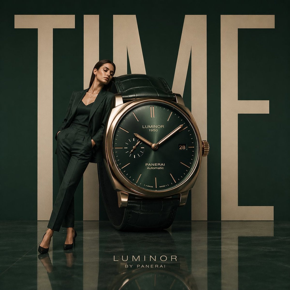 Minimalist luxury watch campaign, oversized wristwatch positioned like modern sculpture, ...