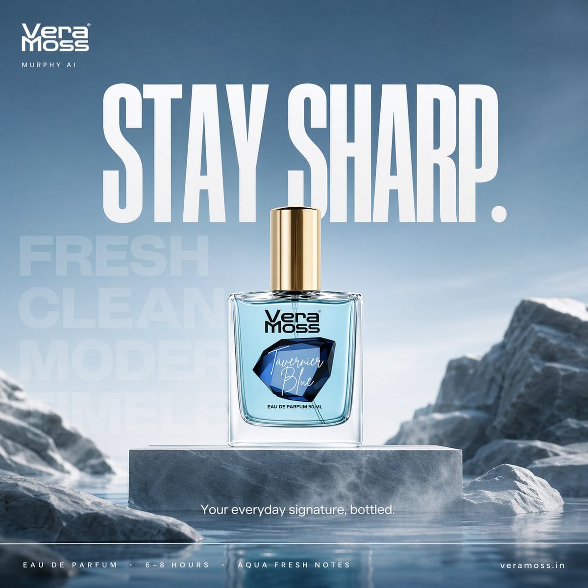 Hyper-realistic cinematic perfume billboard poster for Vera Moss Tavernier Blue Eau De Pa...