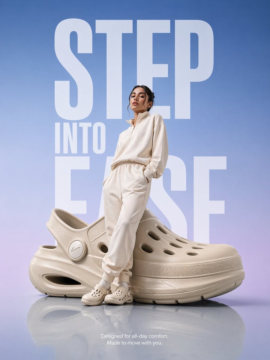 A hyper-realistic premium product advertisement featuring an oversized futuristic comfort...