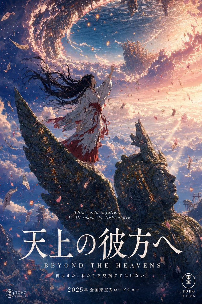 A stunning anime theatrical movie poster in portrait format. Studio Ghibli meets Makoto S...