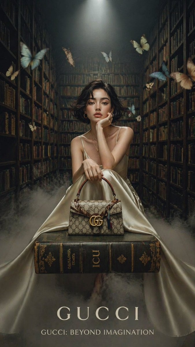 A cinematic luxury fashion editorial set inside a grand vintage library with tall wooden ...